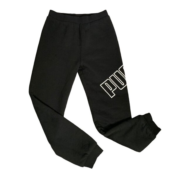 Puma Heavy Fleece Lined Sweatpants XL Youth Black High Rise Joggers Spell Out - Picture 1 of 8
